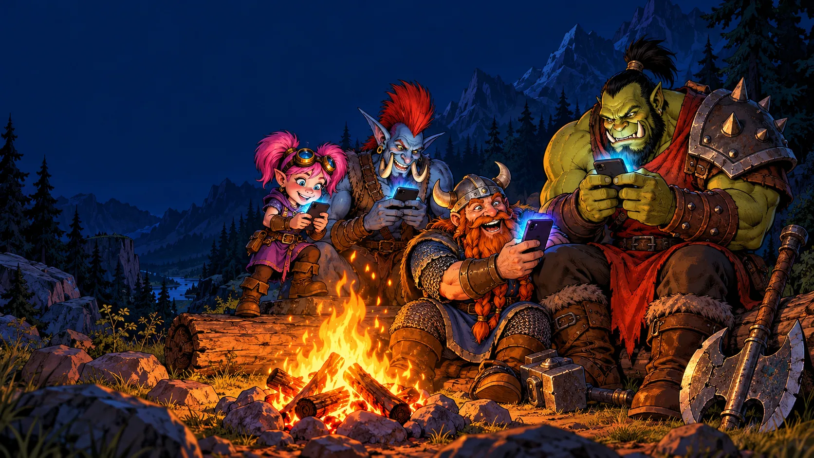 Horde and Alliance adventurers around a campfire, all looking at their phones
